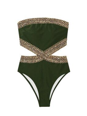 Milumia Stitch Detail Strapless 1 Piece Swimsuit  Bandeau Bathing Green Medium